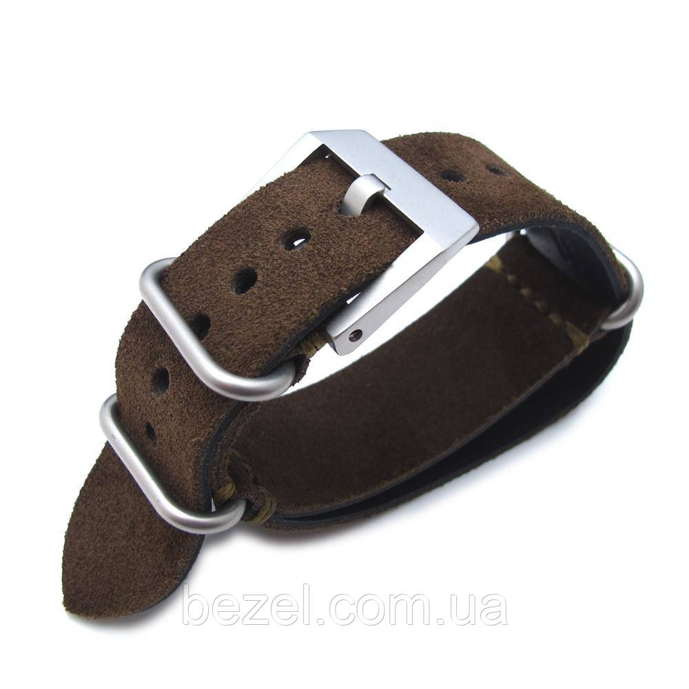 MiLTAT 24mm Nubuck Leather Grezzo Zulu watch strap D. Brown Thick armband - Green Hand Stitch