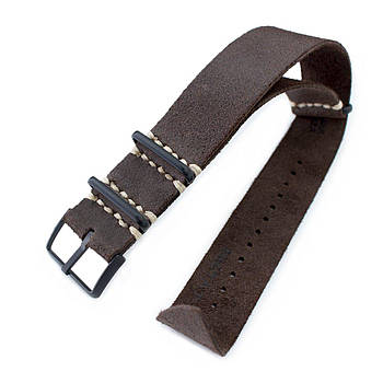 20mm or 22mm MiLTAT G10 Grezzo NATO Watch Strap, D. Brown Leather Extra Soft, PVD Black