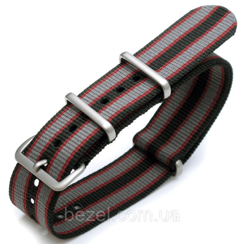 20mm or 22mm G10 Nato James Bond Heavy Nylon Strap Brushed Buckle - J12 Black, Red and Grey