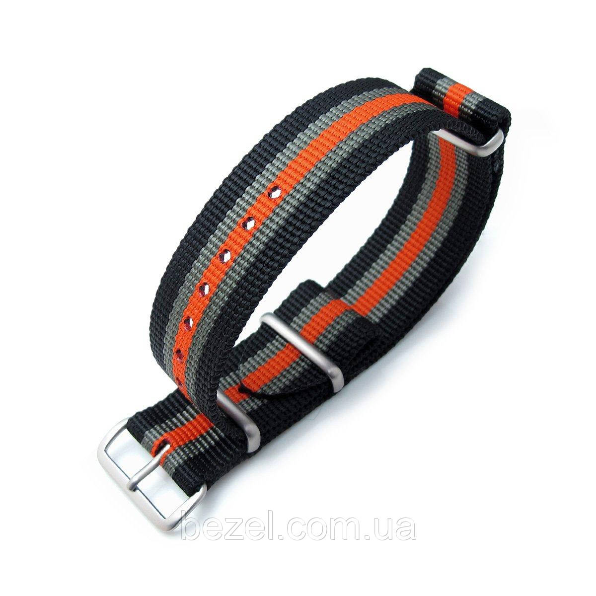 MiLTAT 20mm G10 NATO Bullet Tail Watch Strap, Ballistic Nylon, Brushed - Black, Grey & Orange Stripes