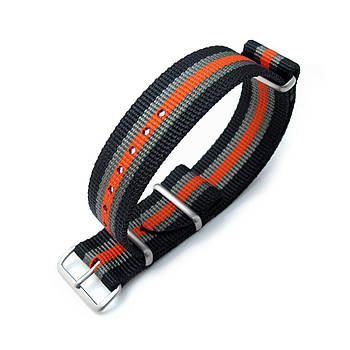 MiLTAT 20mm G10 NATO Bullet Tail Watch Strap, Ballistic Nylon, Brushed - Black, Grey & Orange Stripes