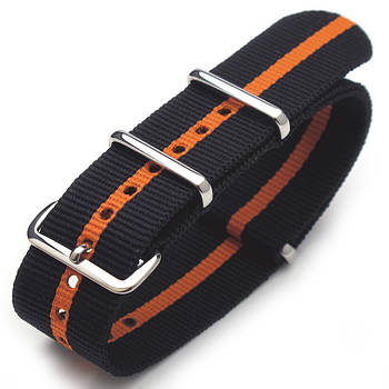 20mm G10 Nato James Bond Heavy Nylon Strap Polished Buckle - Black-Orange-Black