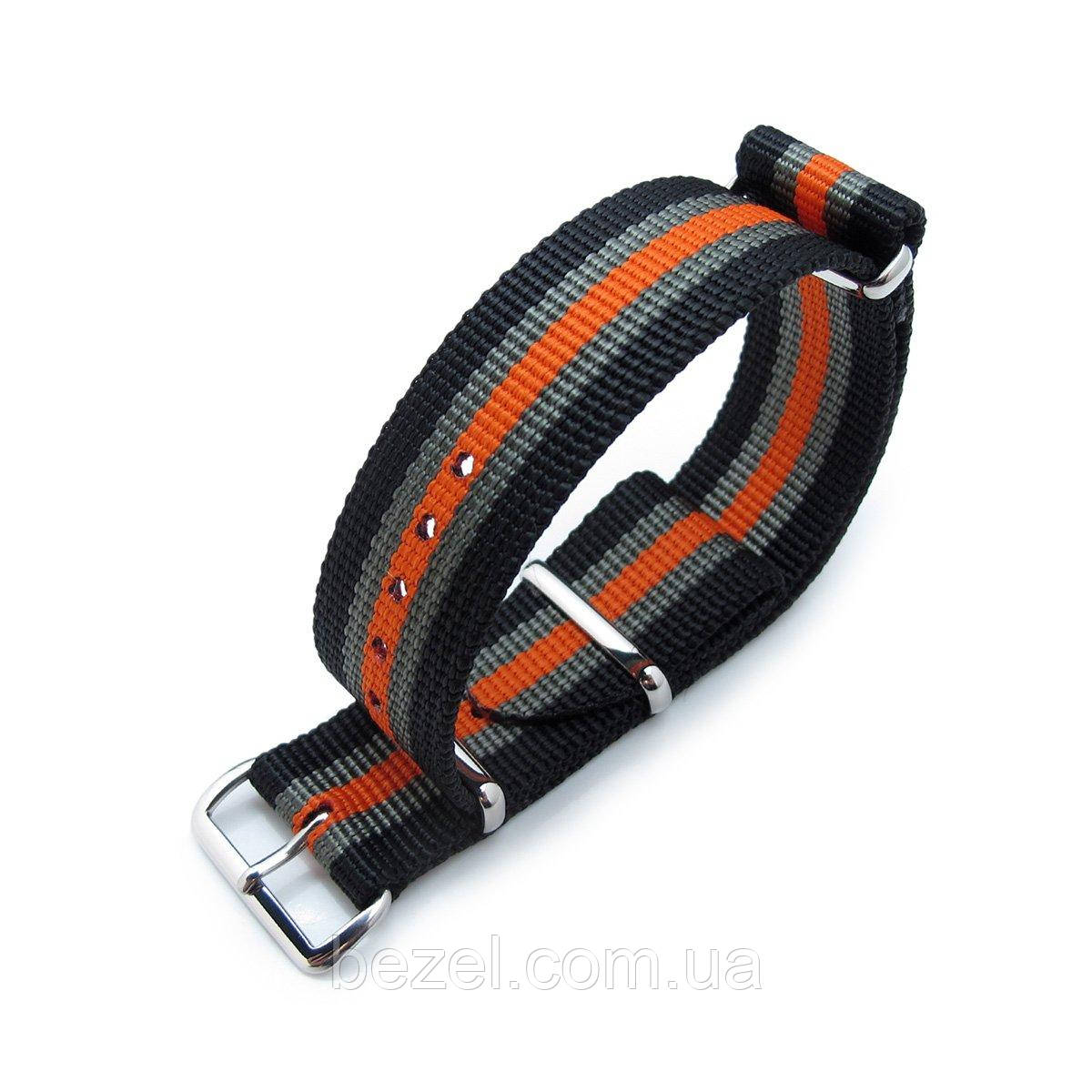 MiLTAT 21mm or 22mm G10 NATO Bullet Tail Watch Strap, Ballistic Nylon, Polished - Black, Grey & Orange Stripes