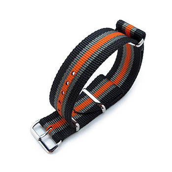 MiLTAT 21mm or 22mm G10 NATO Bullet Tail Watch Strap, Ballistic Nylon, Polished - Black, Grey & Orange Stripes