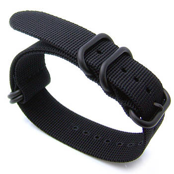 20mm or 22mm NATO 5 Rings Zulu Heavy Thread Nylon Watch band, Black - IP Black Buckle