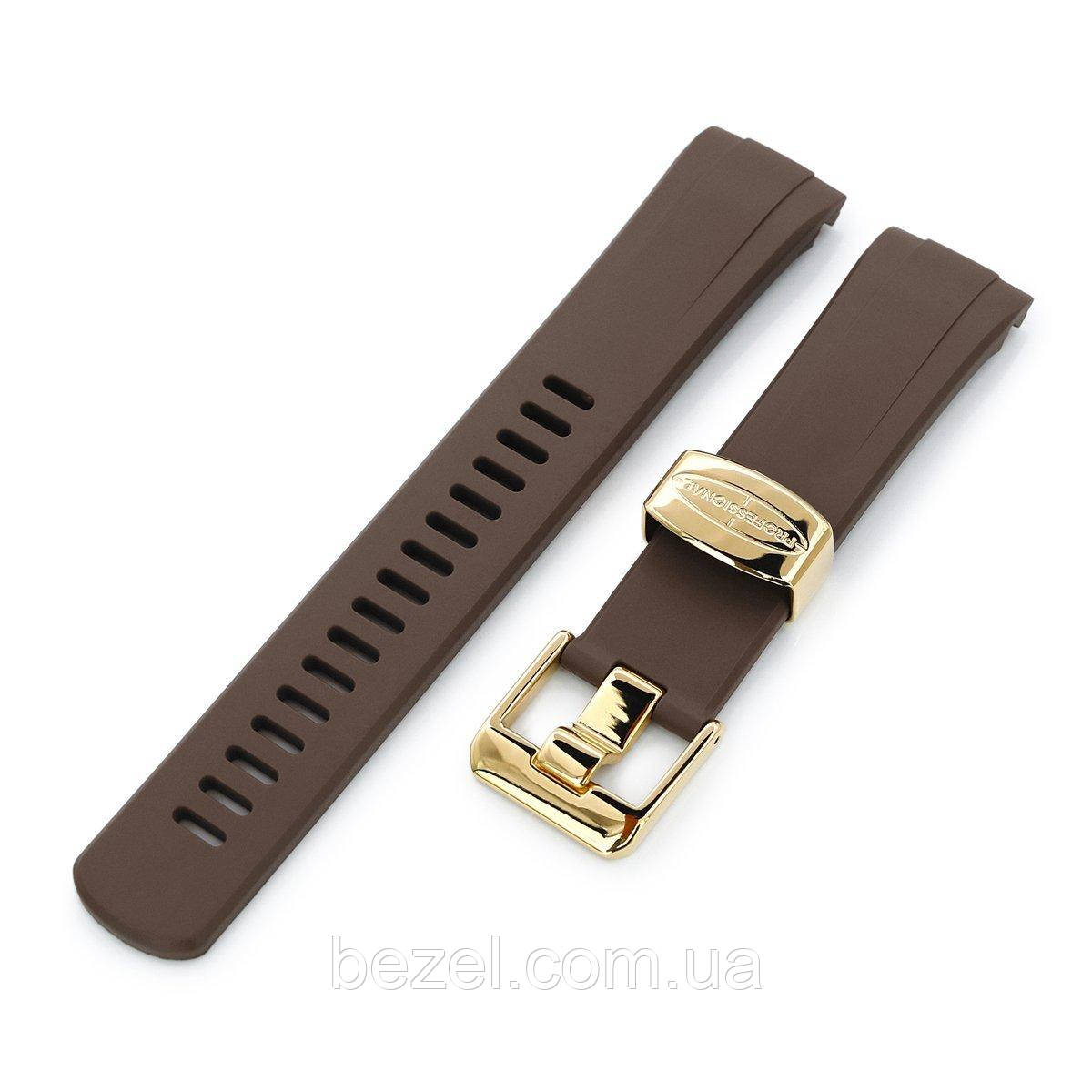 22mm Crafter Blue - Brown Rubber Curved Lug Watch Band for Seiko Gold Turtle SRPC44, IP Gold Buckle, фото 1