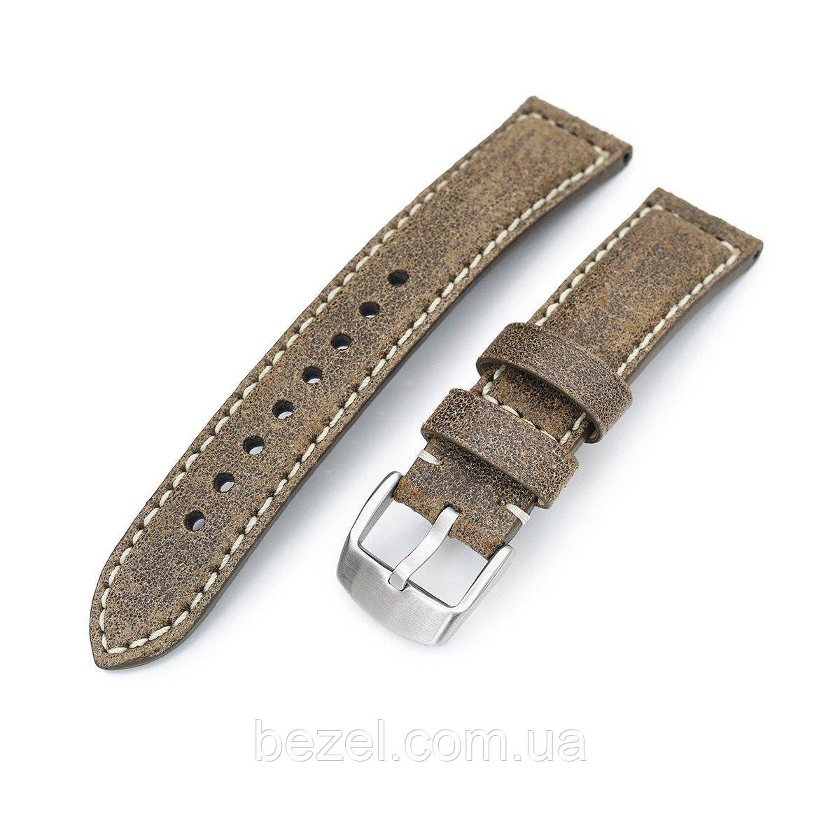 MiLTAT 20mm Genuine Olive Brown Distressed Leather Watch Strap Extra Soft, Beige Stitching, фото 1