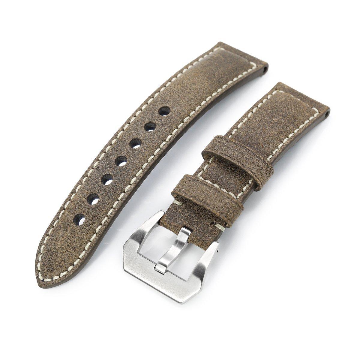 MiLTAT 21mm, 22mmmm Genuine Olive Brown Distressed Leather Watch Strap Extra Soft, Beige Stitching, фото 1