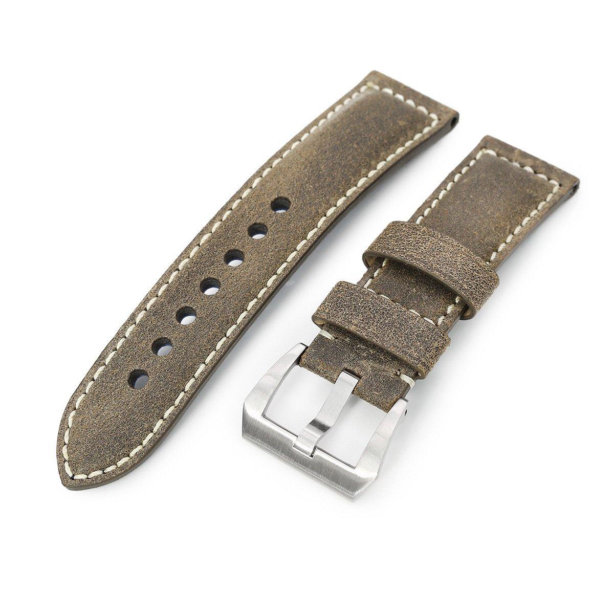 MiLTAT 24mm Genuine Olive Brown Distressed Leather Watch Strap Extra Soft, Beige Stitching, фото 1