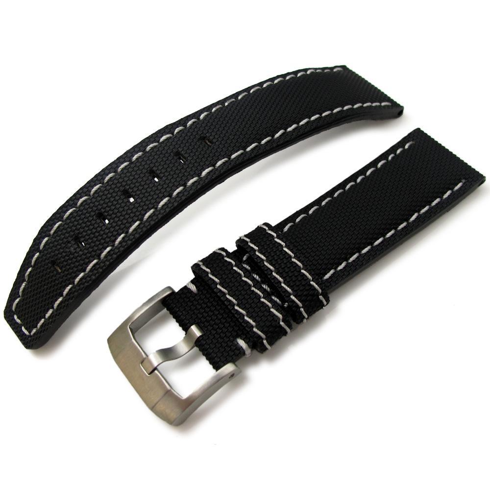 20mm to 23mm MiLTAT Black Kevlar Leather Watch Strap in White Stitches, фото 1
