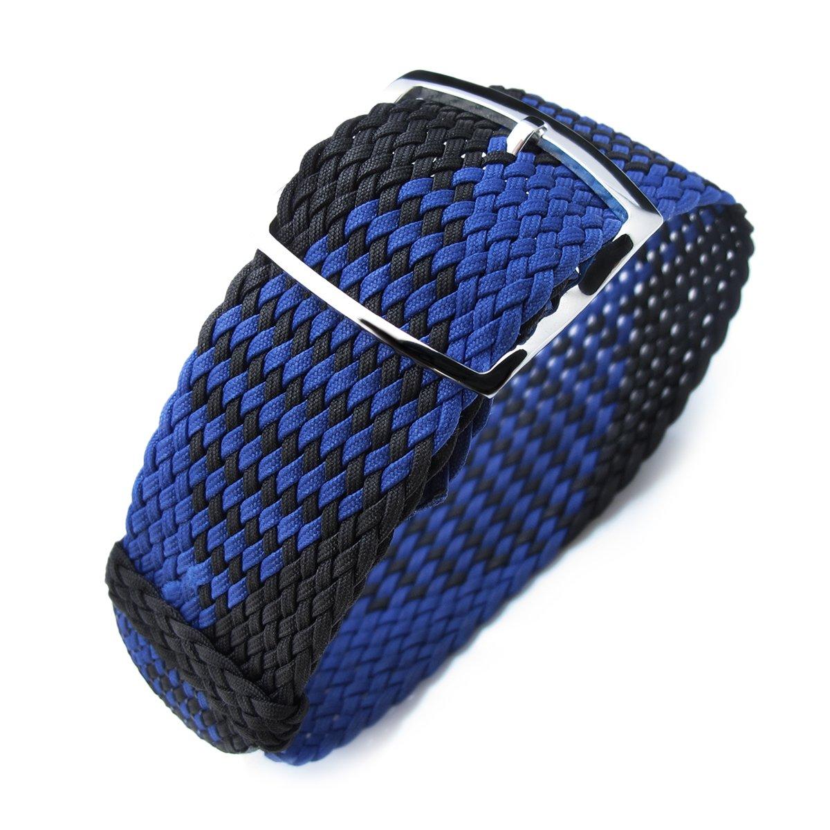 20, 22mm MiLTAT Perlon Watch Strap, Black & Blue, Polished Ladder Lock Slider Buckle, фото 1