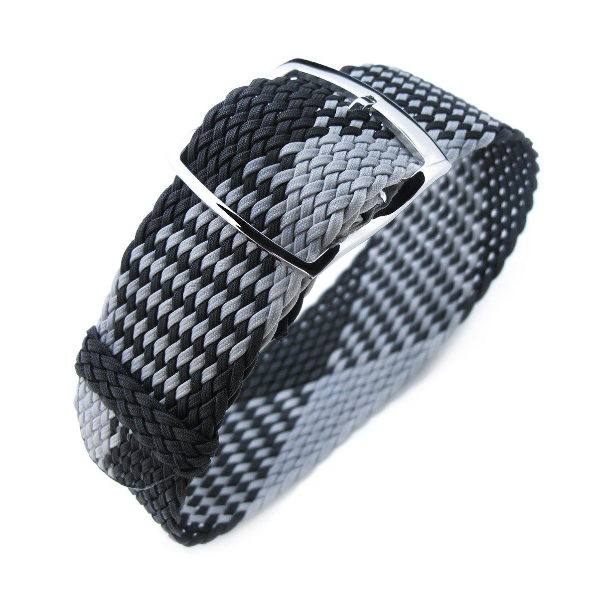 20, 22mm MiLTAT Perlon Watch Strap, Black & Light Grey, Polished Ladder Lock Slider Buckle, фото 1