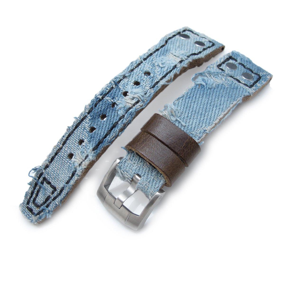 21mm, 22mm MiLTAT Distressed Light Blue Denim Watch Strap, Rivet Military strap, фото 1