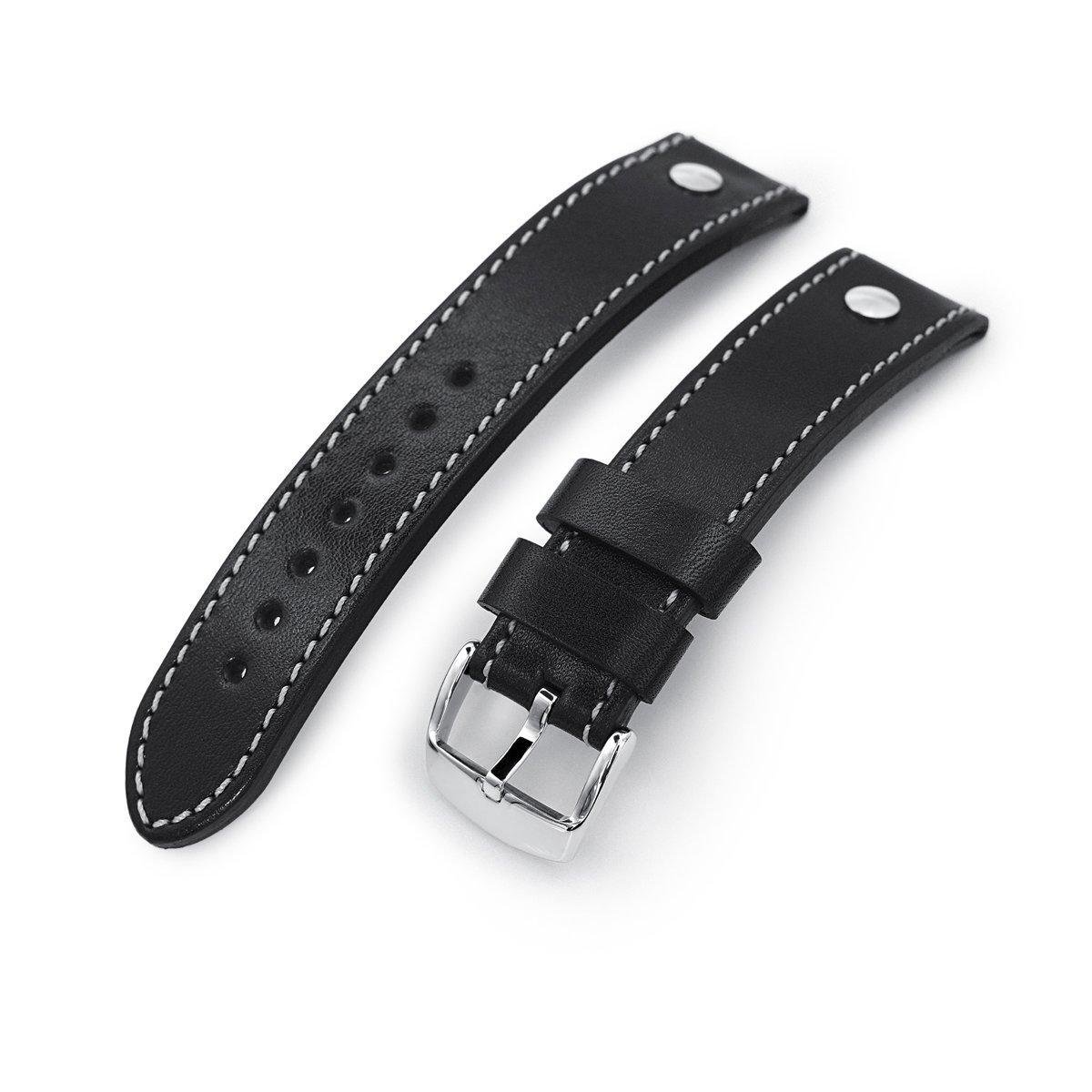 German made 22mm Sturdy Semi-gloss Black Saddle with Leather Rivet Watch Band, Polished, фото 1