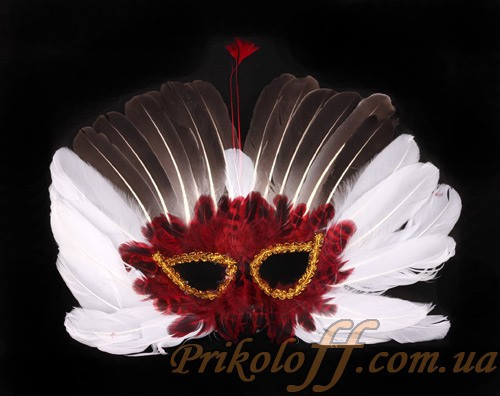 Карнавальна маска з червоно-білим пір'ям