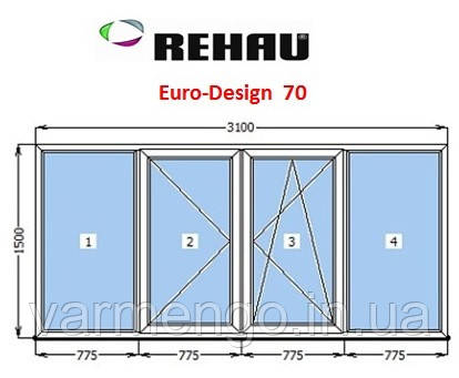 Лоджия ПВХ из 4-х частей, 3100х1500, Rehau - 70.
