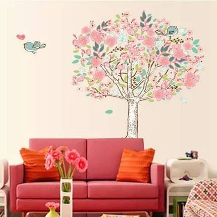 Наклейки на стіни шафу, вітрину, офіс "квітуче дерево з птахами" 90см*100см(лист 60*90см), фото 2