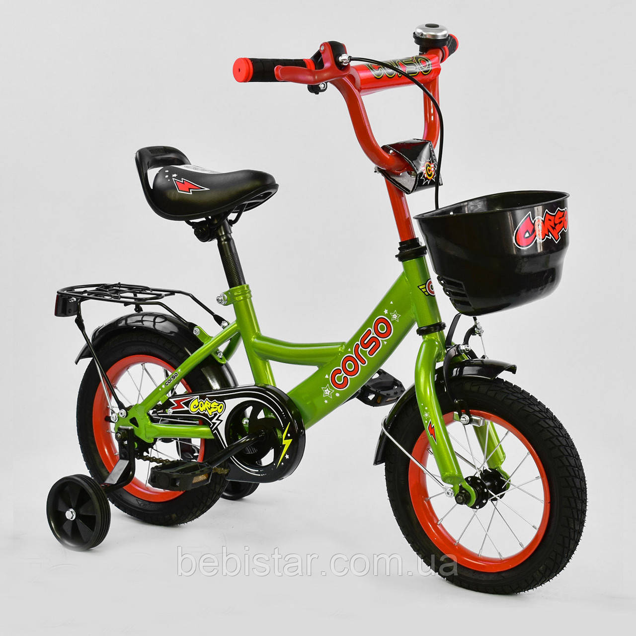 Двоколісне дитяче велосипед зелене ручне гальмо дзвіночок кошика Corso 12" діткам 3-4 роки