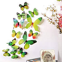 3D бабочки для декора 12 шт. Виниловые наклейки - бабочки на стену зеленые.