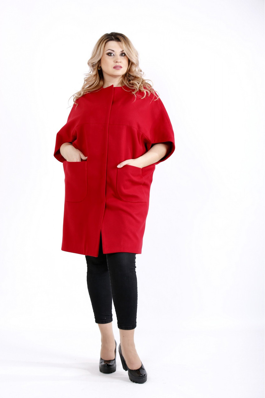 Червоне демісезонне пальто жіноче з кашеміру великий розмір 42-74. Т0913-1