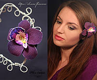 "Фіолетова орхідея з розписом" шпилька квітка з полімерної глини