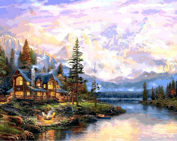 Картина за номерами Будинок біля гірського озера 40 х 50 см (VP1113)