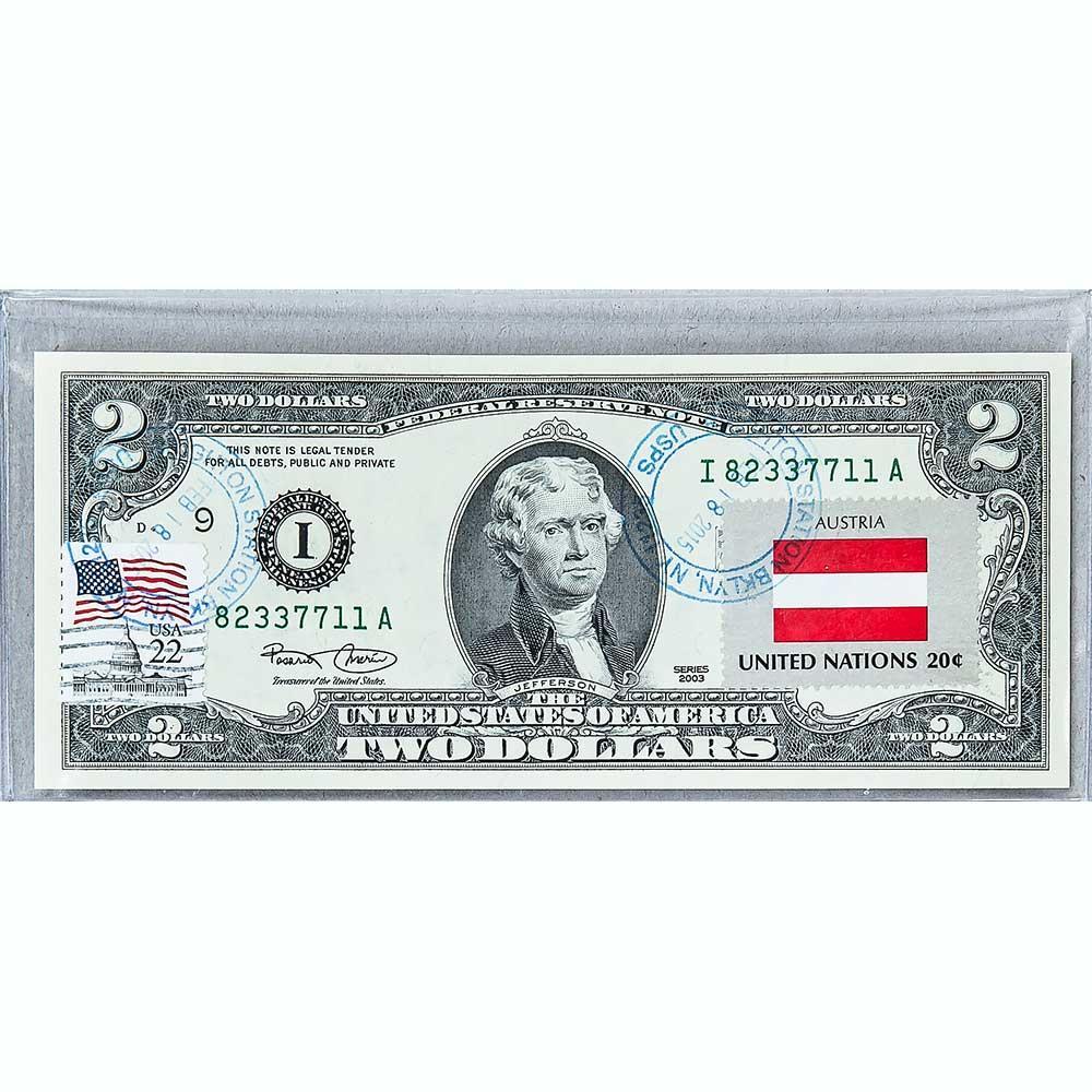 Банкнота США 2 долар 2003 з друком USPS, прапор Австрії, Gem UNC