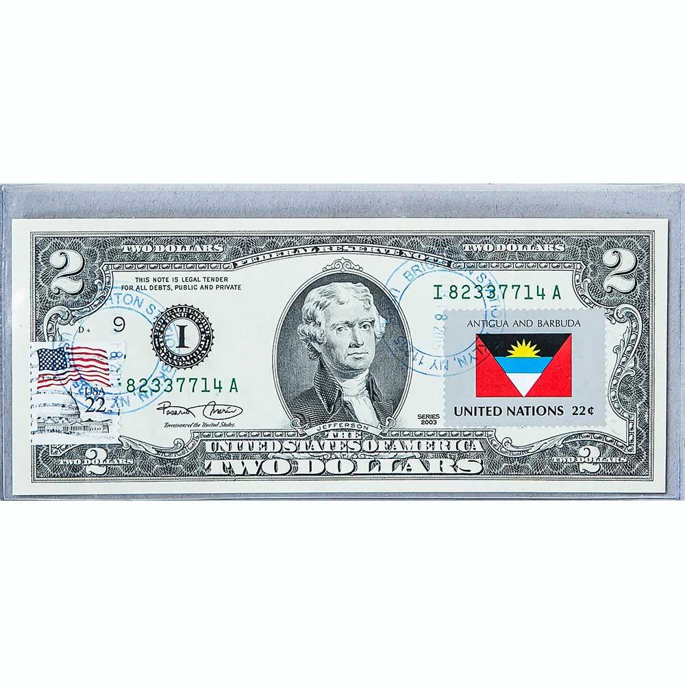 Банкнота США 2 долари 2003 з друком USPS, прапор Антигуа та Барбуди, Gem UNC