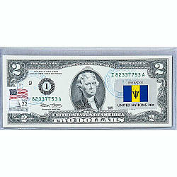 Банкнота США 2 долари 2003 з друком USPS, прапор Барбадоса, Gem UNC