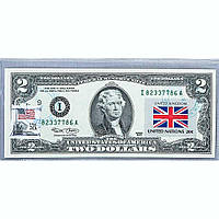 Банкнота США 2 доллара 2003 с печатью USPS, флаг Британии, Gem UNC