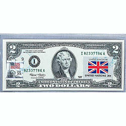 Банкнота США 2 долари 2003 з друком USPS, прапор Британії, Gem UNC