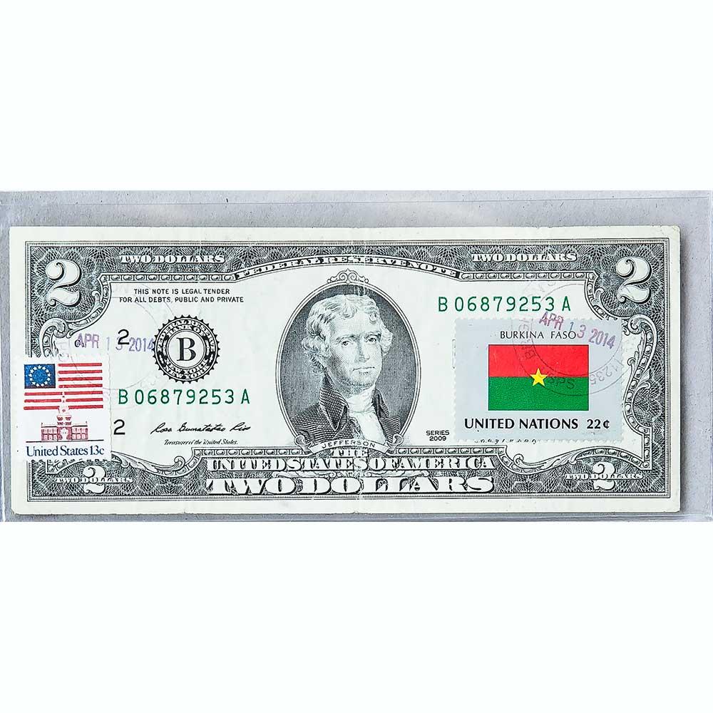 Банкнота США 2 долар 2009 з друком USPS, прапор Буркіна Фасо, UNC