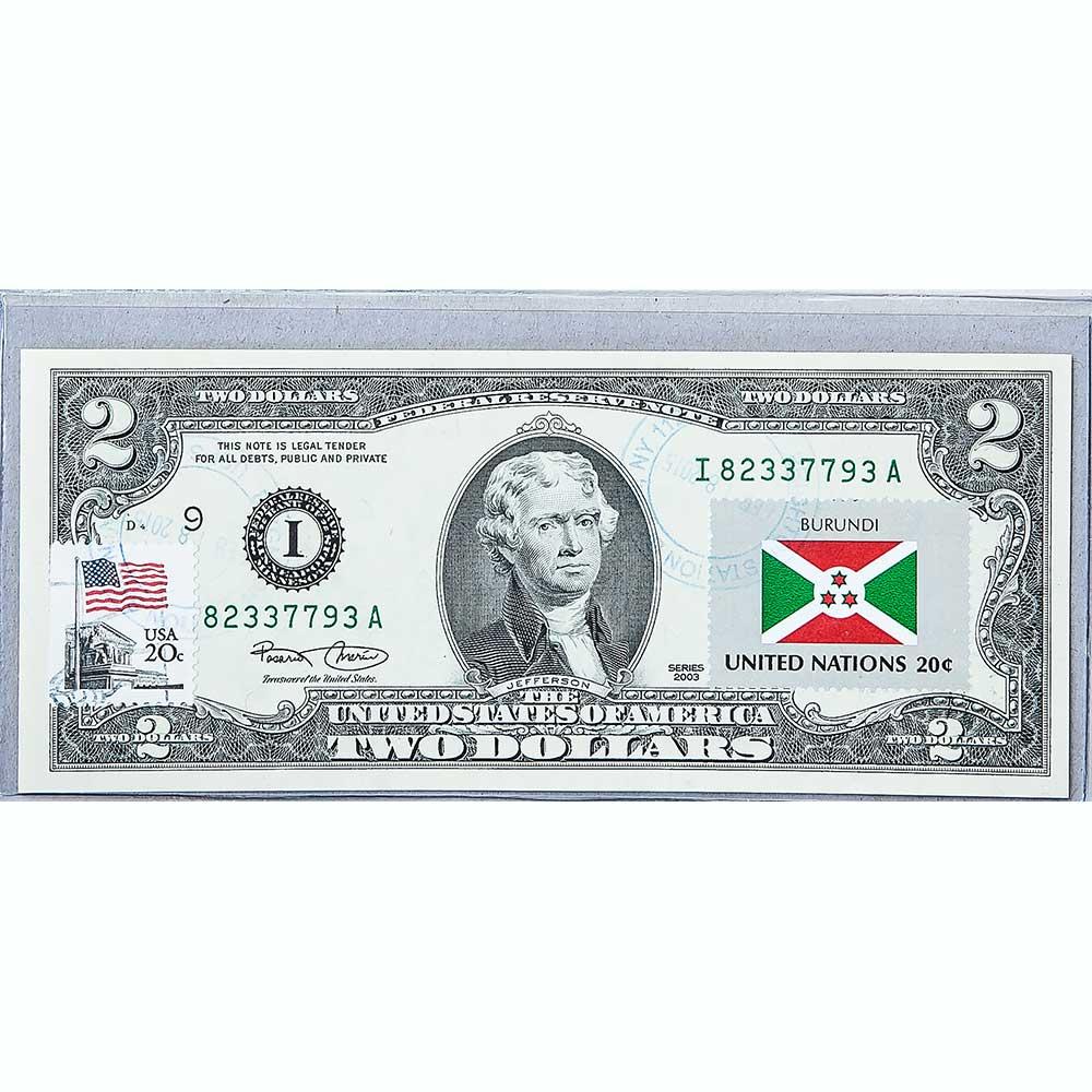 Банкнота США 2 долари 2003 з друком USPS, прапор Бурунді, Gem UNC