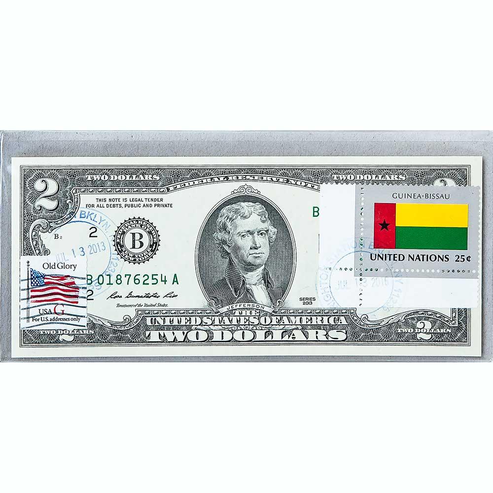 Банкнота США 2 08 2013 з друком USPS, прапор Гвінеї-Бісау, Gem UNC