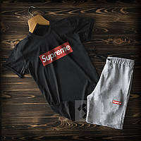 Шорти і футболка Supreme чорно-сірого кольору (Ідеальна) літній спортивний костюм з 90% бавовни