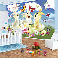 Обои фото в детскую комнату для маленького мальчика 254х184 см Три зайчика цветочки и бабочки (546P4)+клей