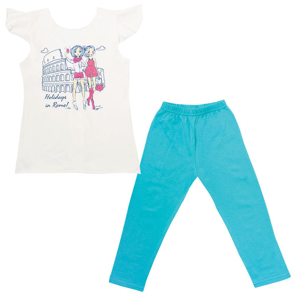 Костюм(футболка та штани)літні для дівчинки дитячийKS-19-18-1Подорож Молочний-Ментоловий на зріст 122(11606)