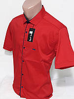 Рубашка мужская с коротким рукавом vk-0016 Paul Smith красная приталенная в принт стретйч коттон Турция L