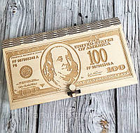 Коробочка деревянная для сбора денег "100 долларов" 19*11*3 см Светлое дерево