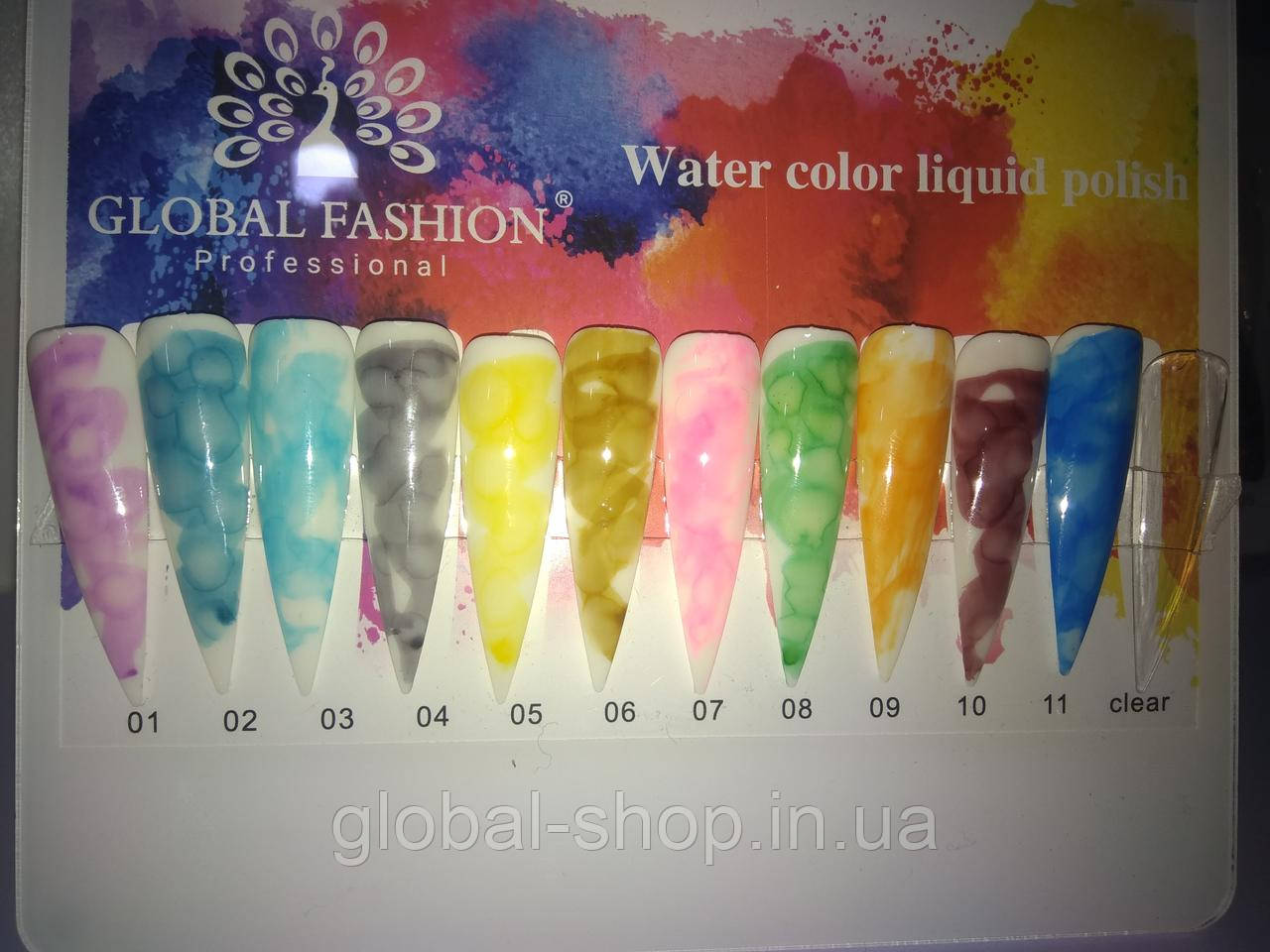 Акварельні краплі Water color від Global Fashion 10 мл, рідина для акварельної розпису на нігтях, 12 кольорів