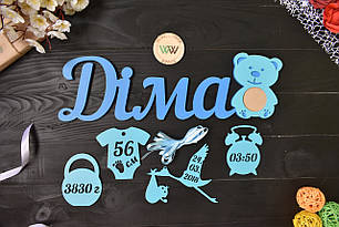 Ім'я з дерева з підвісками метриками з ведмедиком і міні фоторамкою для УЗД. Діма (будь-яке ім'я)