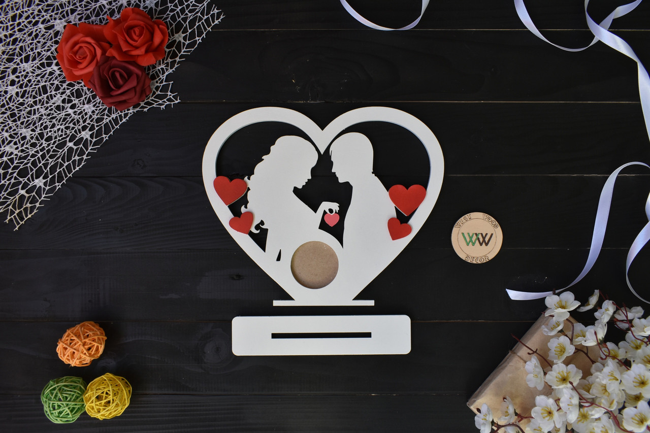 Фоторамка для знімка УЗД пари в серце з підставкою, з сердечками, фото 1