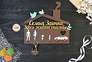 Ключниця "Тут живе щастя" з прізвищем і силуетами