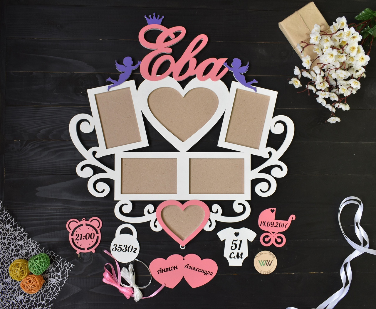 Дитяча метрика з дерева з даними малюка на 6 фото. Єва (будь-яке ім'я) з ангелятами, фото 1