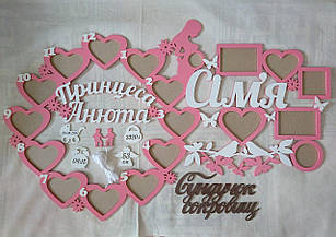 Сімейна фоторамка з дитячої метрикою "Мій перший рік" на 18 фото і знімок УЗД. Принцеса Анюта (будь-яке ім'я)