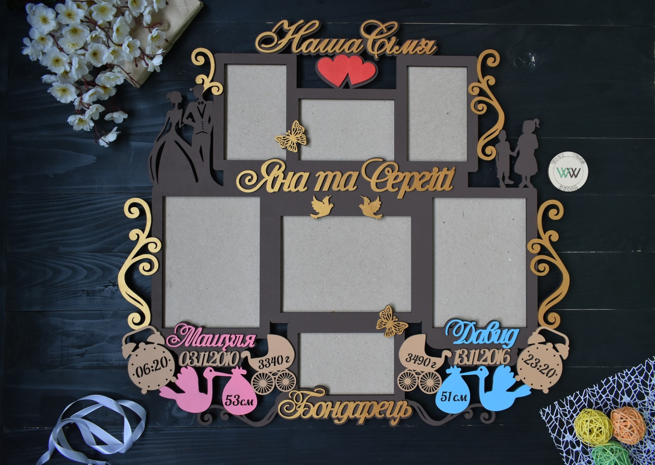 Сімейна фоторамка з метрикою для двох діток, даними малюка, ім'ям і прізвищем, на 7 фото. (ваші дані), фото 1