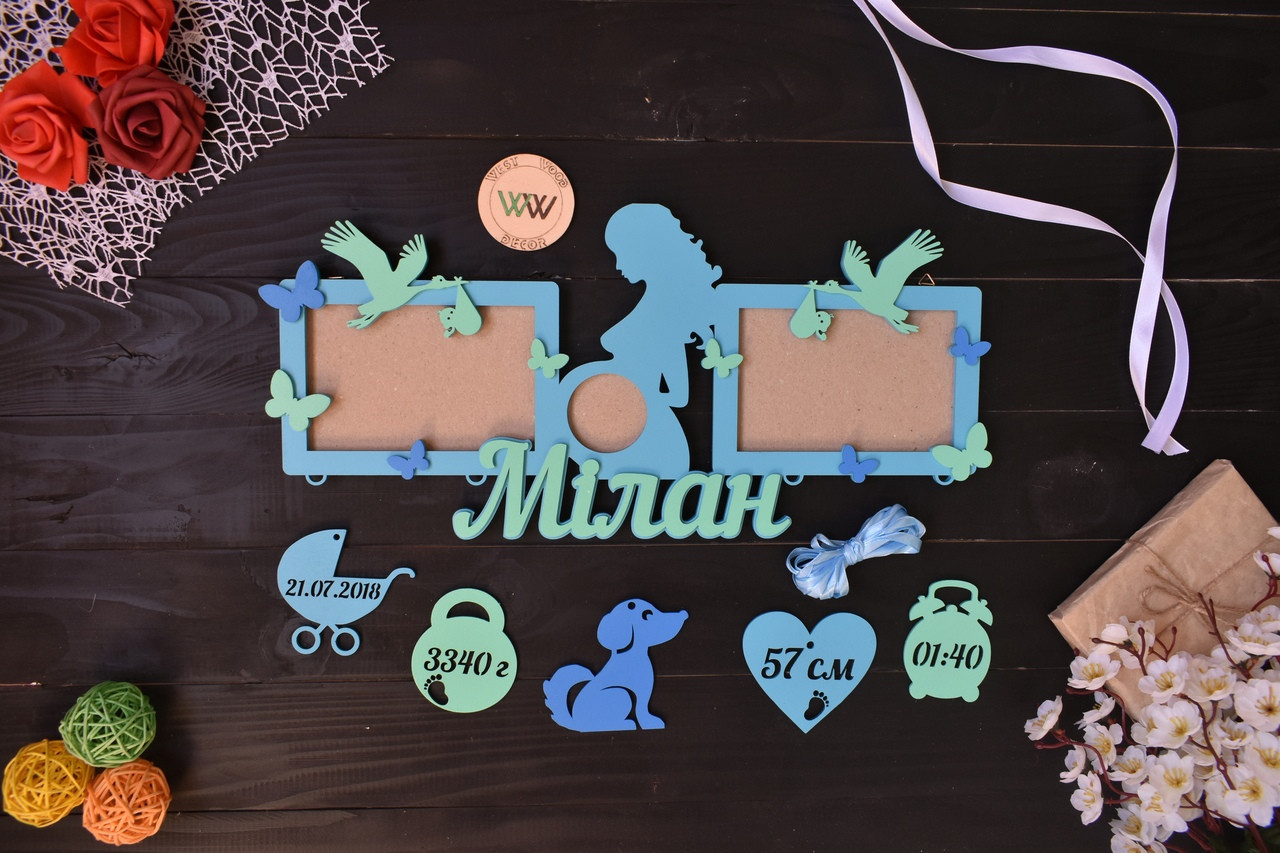 Дитяча метрика з дерева з лелеками, даними малюка на 2 фото і знімком УЗД. Мілан (будь-яке ім'я), фото 1