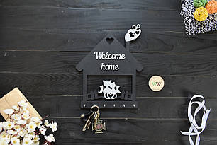 Ключниця з дерева сімейна, Welcome home, будиночок з котиками, гачки для ключів, дерев'яна ключниця