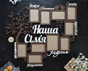 Велика дерев'яна сімейна фоторамка "Наша сім'я" на 10 фото з деревом і словами.