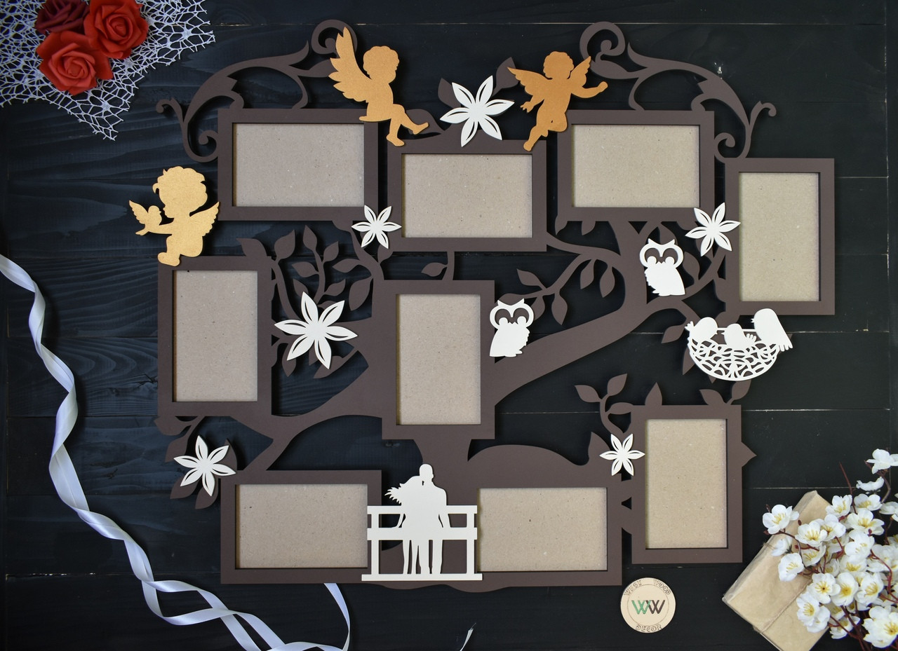 Сімейне дерево, фоторамка з дерева з ангелами і совами, фото 1